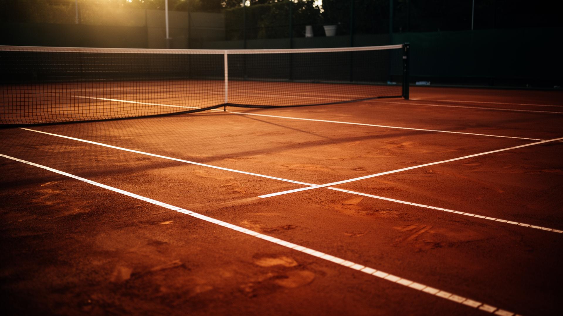 Empty clay tennis court at golden hour with crisp white lines